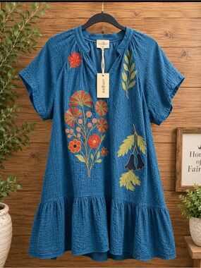 Umgee Blue Embroidered Floral Boho Tiered Dress Sample  (Fits Approx. XL) NWT